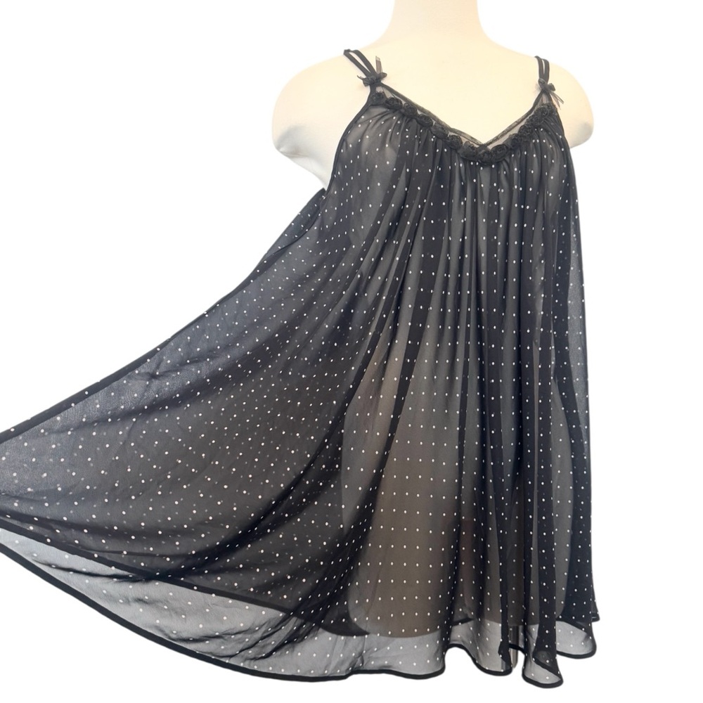 Y2K Oscar de La Renta Chiffon Black Polka Dot Vintage Babydoll Slip Dress XL